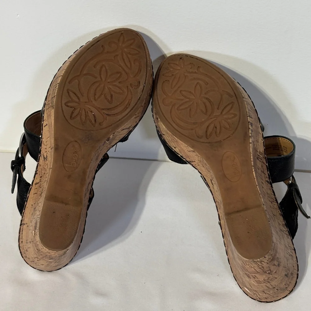 b.o.c. Black Tan Wedge Sandals Adjustable Straps Leather Women’s Size 9 Strappy